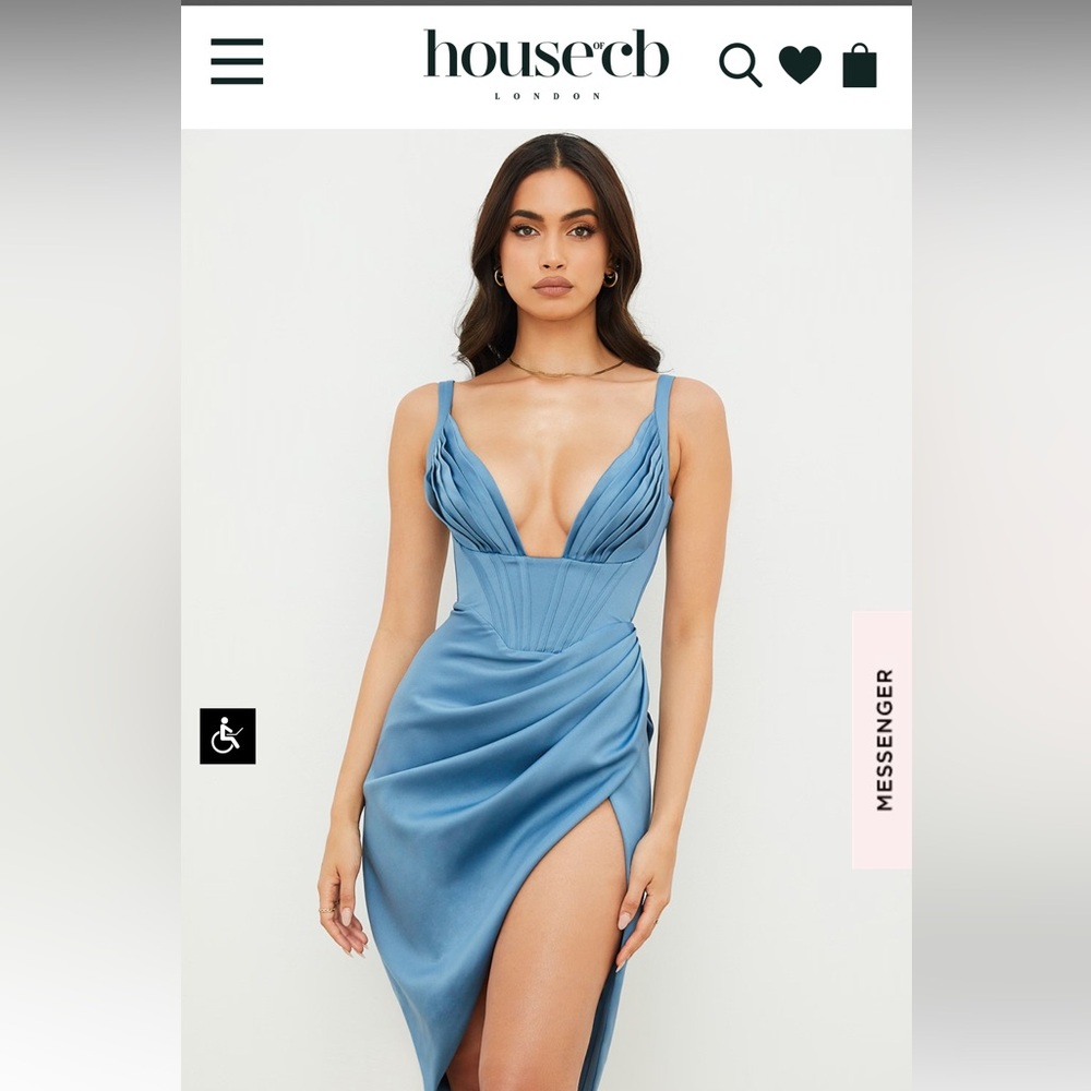 House of CB Dusty Blue Plunge Draped Satin Midi Dress